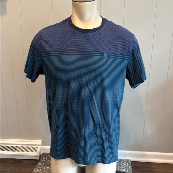 Original Penguin Men’s Large Blue and Green Striped Short Sleeve Tee - Picture 1 of 5